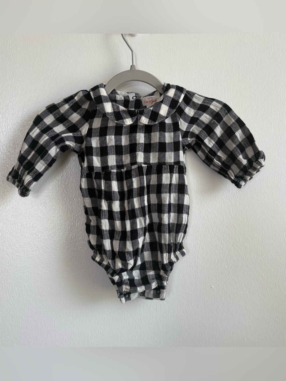 Cat & Jack Black White Check Woven Collared Snap Body Suit Long Sleeve 3-6M